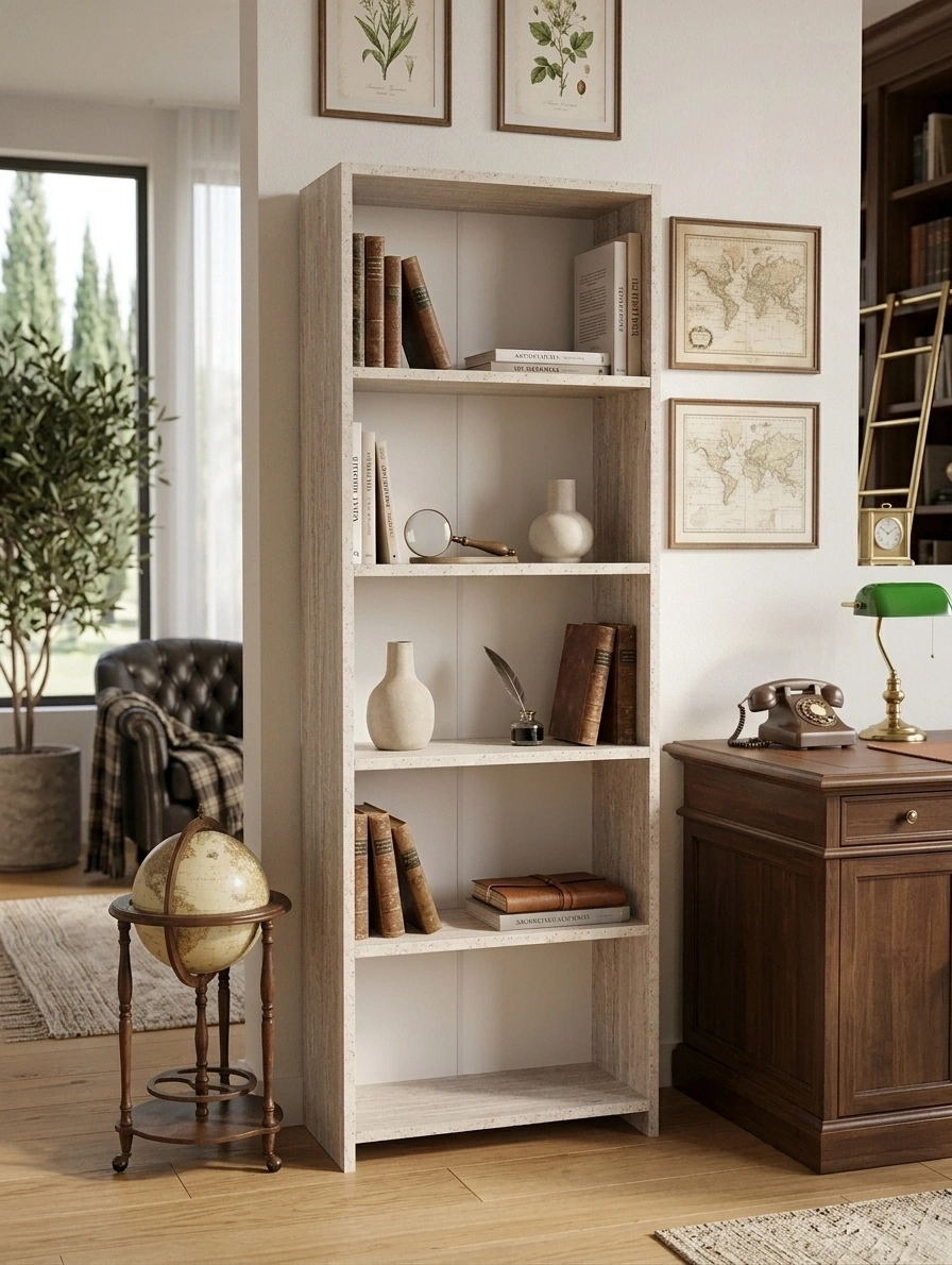 5 Raflı Kitaplık %100 MDF - Traverten Model