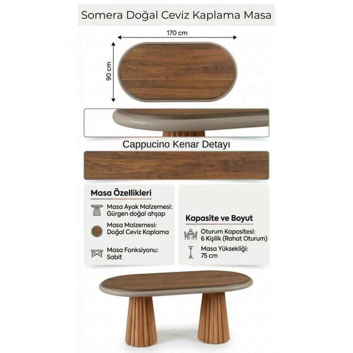 Somera Doğal Ceviz Kaplama Sabit İskandinav Model Masa 90x170 cm (Sandalyesiz)