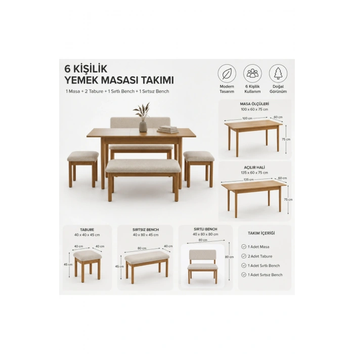 Nuu Minimal Açılır Mutfak Masa Takımı Klimt Meşe Bukle Krem (1 Masa + 2 Tabure + 1 Bench Sırtlı + 1 Bench Sırtsız)