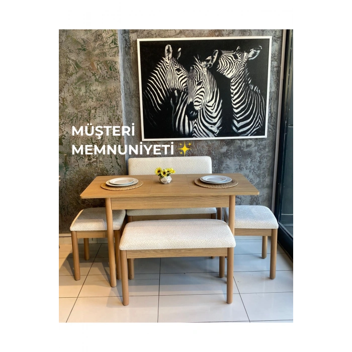 Nuu Minimal Açılır Mutfak Masa Takımı Klimt Meşe Bukle Krem (1 Masa + 2 Tabure + 1 Bench Sırtlı + 1 Bench Sırtsız)