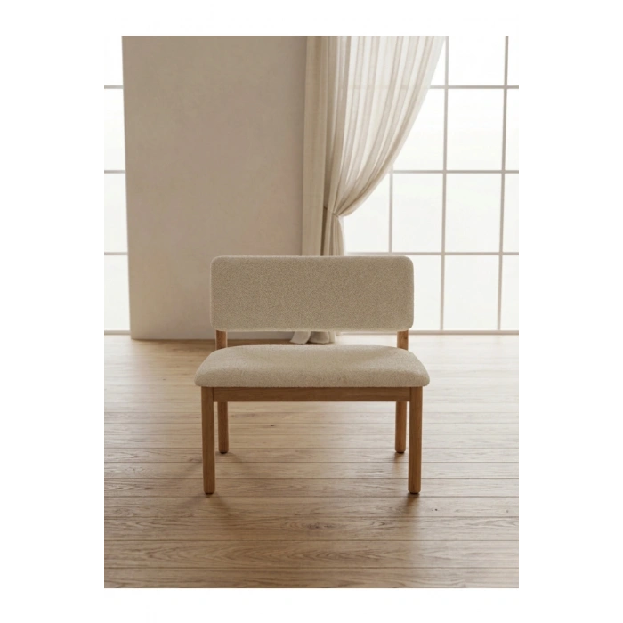 Nuu Minimal Sırtlı Bench 1. Sınıf Gürgen Ahşap ayak, Puf Bench Tabure, Buklu Kumaş