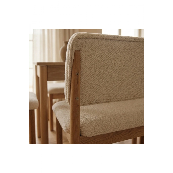 Nuu Minimal Sırtlı Bench 1. Sınıf Gürgen Ahşap ayak, Puf Bench Tabure, Buklu Kumaş