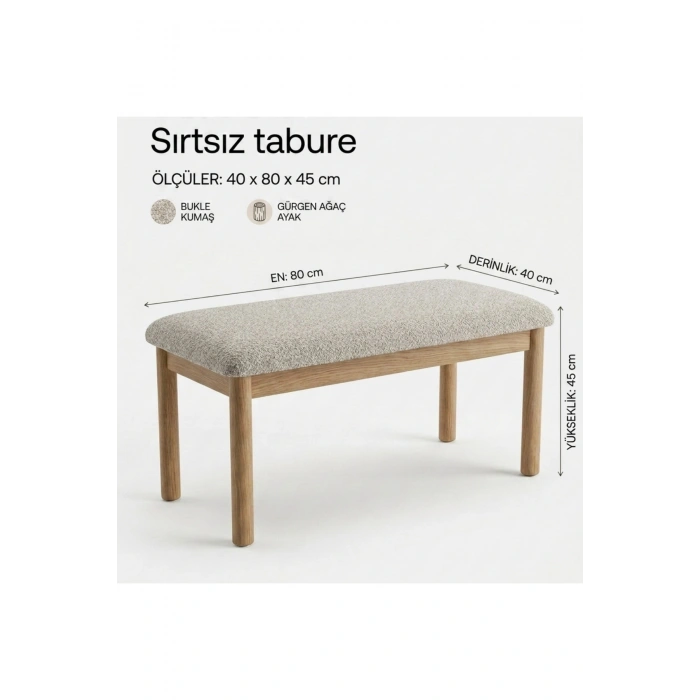 Nuu Minimal Sırtsız Bench Ahşap ayak, Sırtsız, Bukle Kumaş