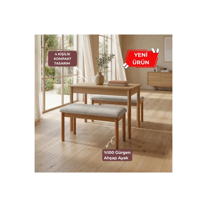 Nuu Minimal 4 Kişilik Kompakt Açılır Mutfak Masa Takımı Klimt Meşe Bukle Krem ( 1 Masa 2 Sırtsız Bench)