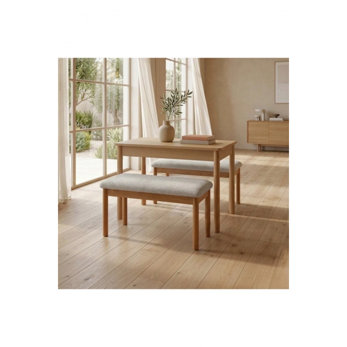 Nuu Minimal 4 Kişilik Kompakt Açılır Mutfak Masa Takımı Klimt Meşe Bukle Krem ( 1 Masa 2 Sırtsız Bench)