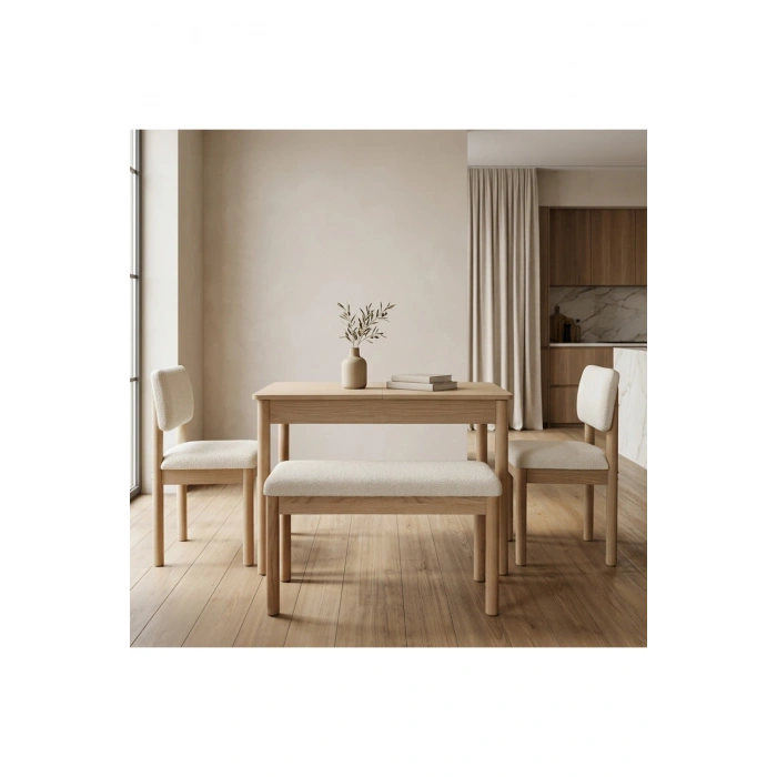 Nuu Minimal Açılır Mutfak Masa Takımı Klimt Meşe Bukle Krem (1 Masa + 2 Sandalye + 1 Sırtsız Bench )