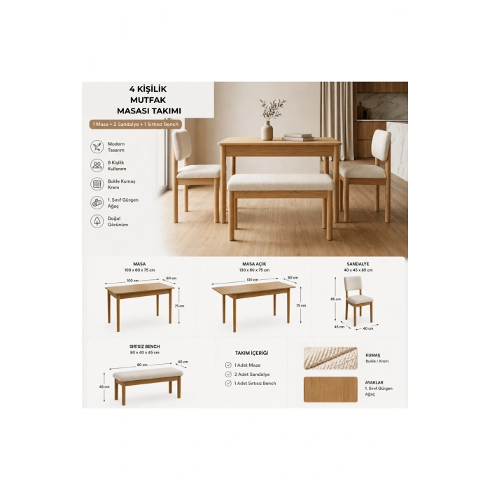 Nuu Minimal Açılır Mutfak Masa Takımı Klimt Meşe Bukle Krem (1 Masa + 2 Sandalye + 1 Sırtsız Bench )