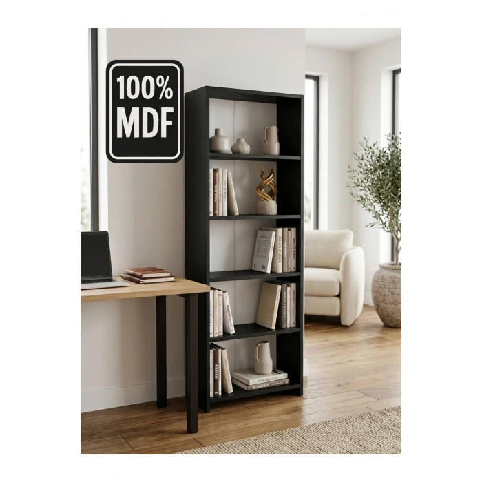 5 Raflı Kitaplık %100 MDF - Siyah