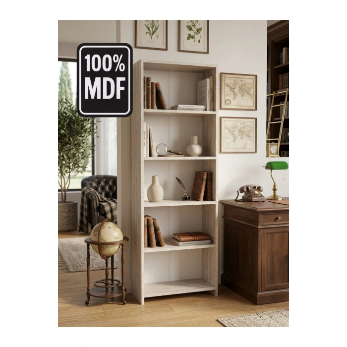 5 Raflı Kitaplık %100 MDF - Traverten Model