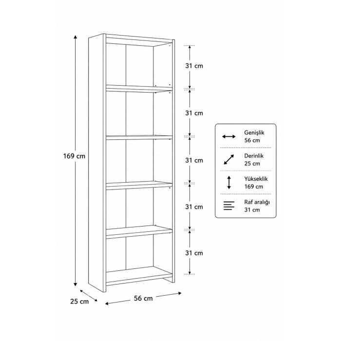 5 Raflı Kitaplık %100 MDF - Traverten Model