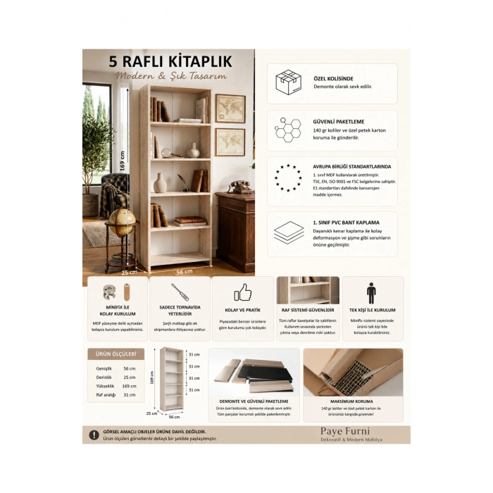 5 Raflı Kitaplık %100 MDF - Traverten Model