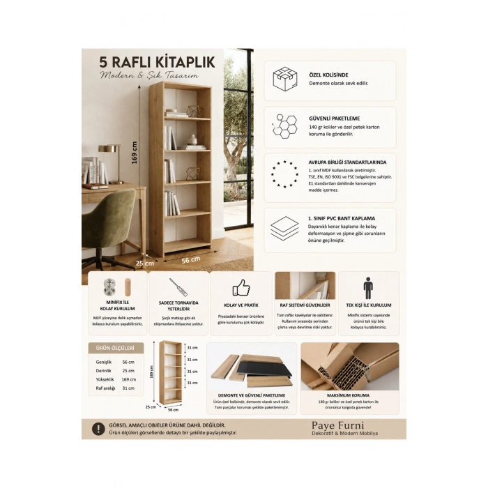 5 Raflı Kitaplık %100 MDF - Safir Meşe