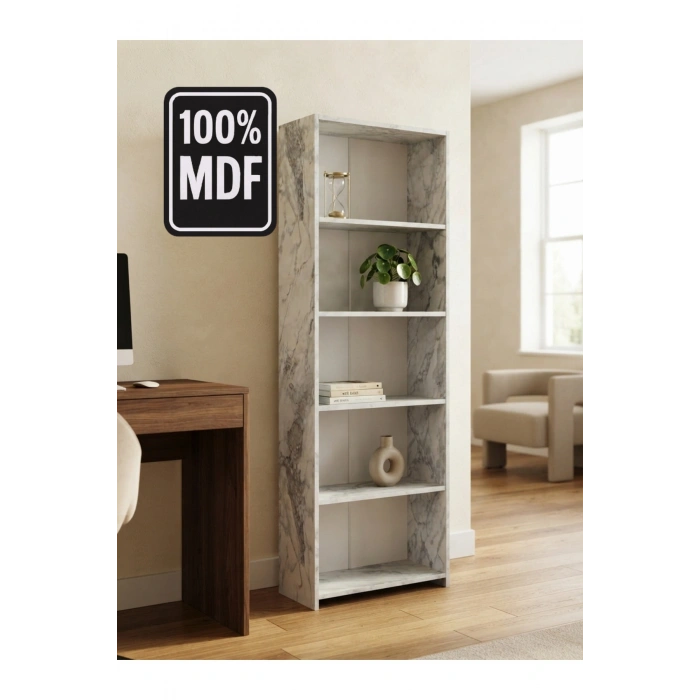 5 Raflı Kitaplık %100 MDF - Frezia Mermer Desen