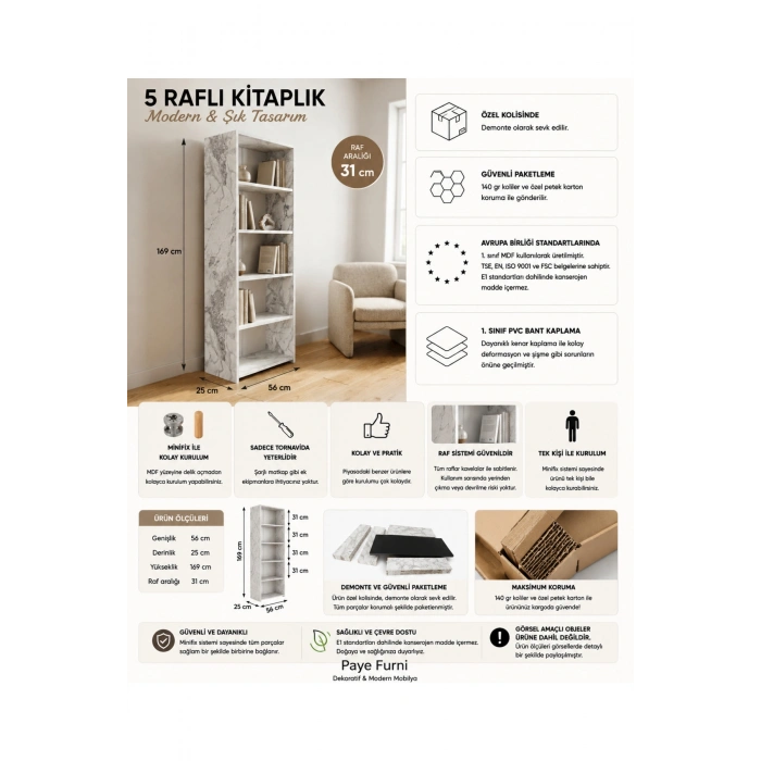 5 Raflı Kitaplık %100 MDF - Frezia Mermer Desen