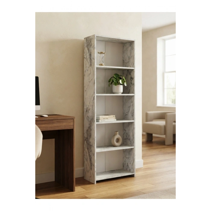 5 Raflı Kitaplık %100 MDF - Frezia Mermer Desen