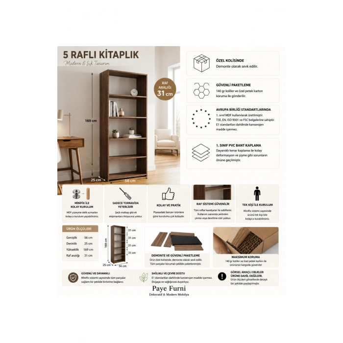 5 Raflı Kitaplık %100 MDF - Venezia Ceviz