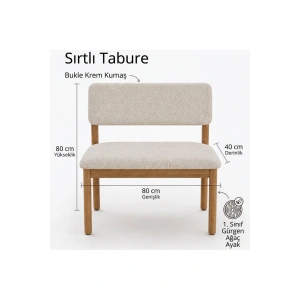 Nuu Minimal Sırtlı Bench 1. Sınıf Gürgen Ahşap ayak, Puf Bench Tabure, Buklu Kumaş