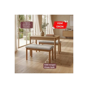 Nuu Minimal 4 Kişilik Kompakt Açılır Mutfak Masa Takımı Klimt Meşe Bukle Krem ( 1 Masa 2 Sırtsız Bench)
