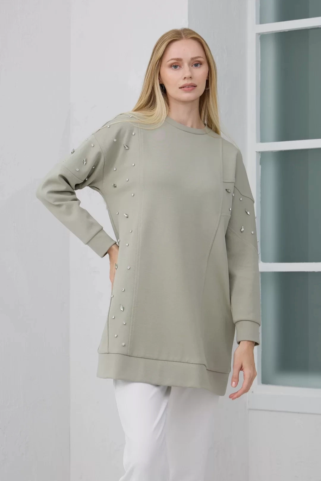 Asimetrik Kuplu Taşlı Tunik