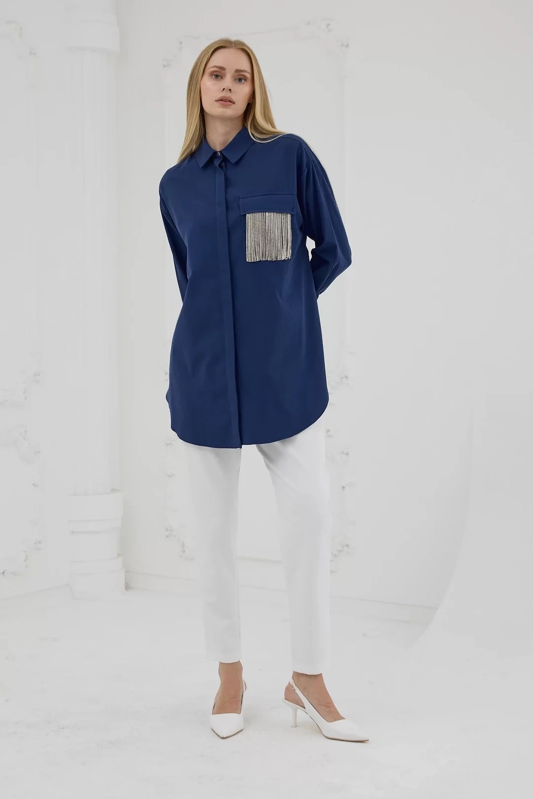 پیراهن نخی طرح سنگدار جیب منگوله دار