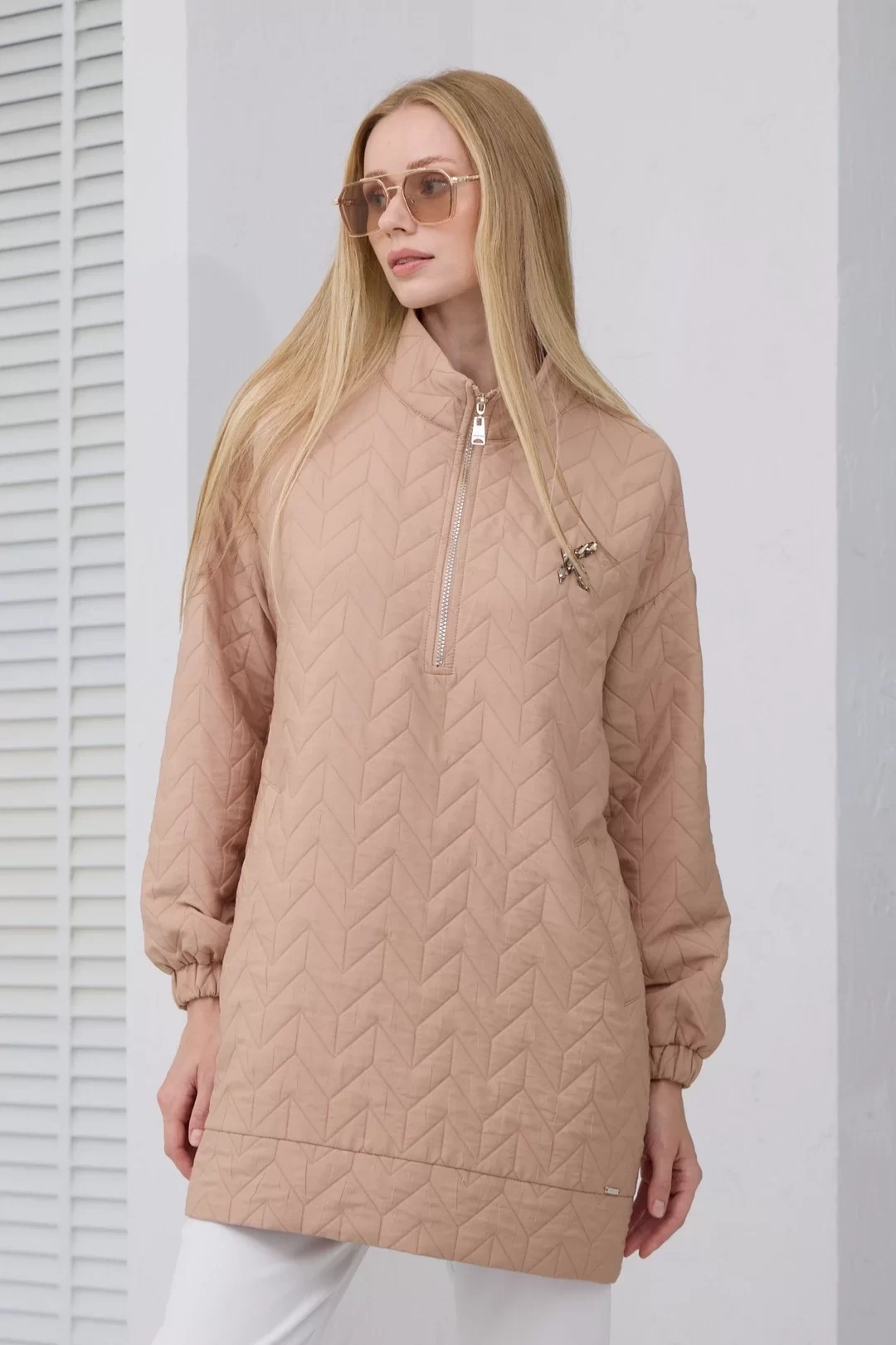 Stand Collar Quilted Tunic Beige