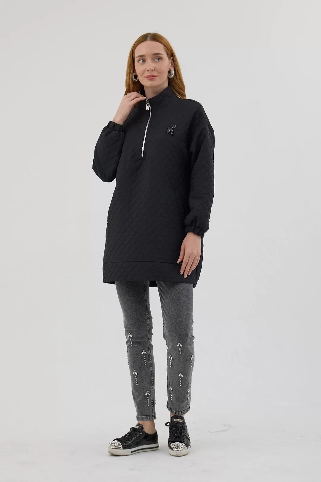 تونیک یقه ایستاده طرح‌دار مشکی