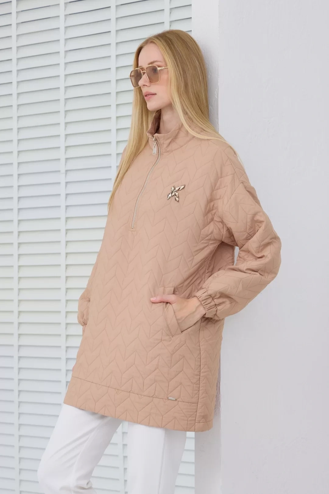 Stand Collar Quilted Tunic Beige