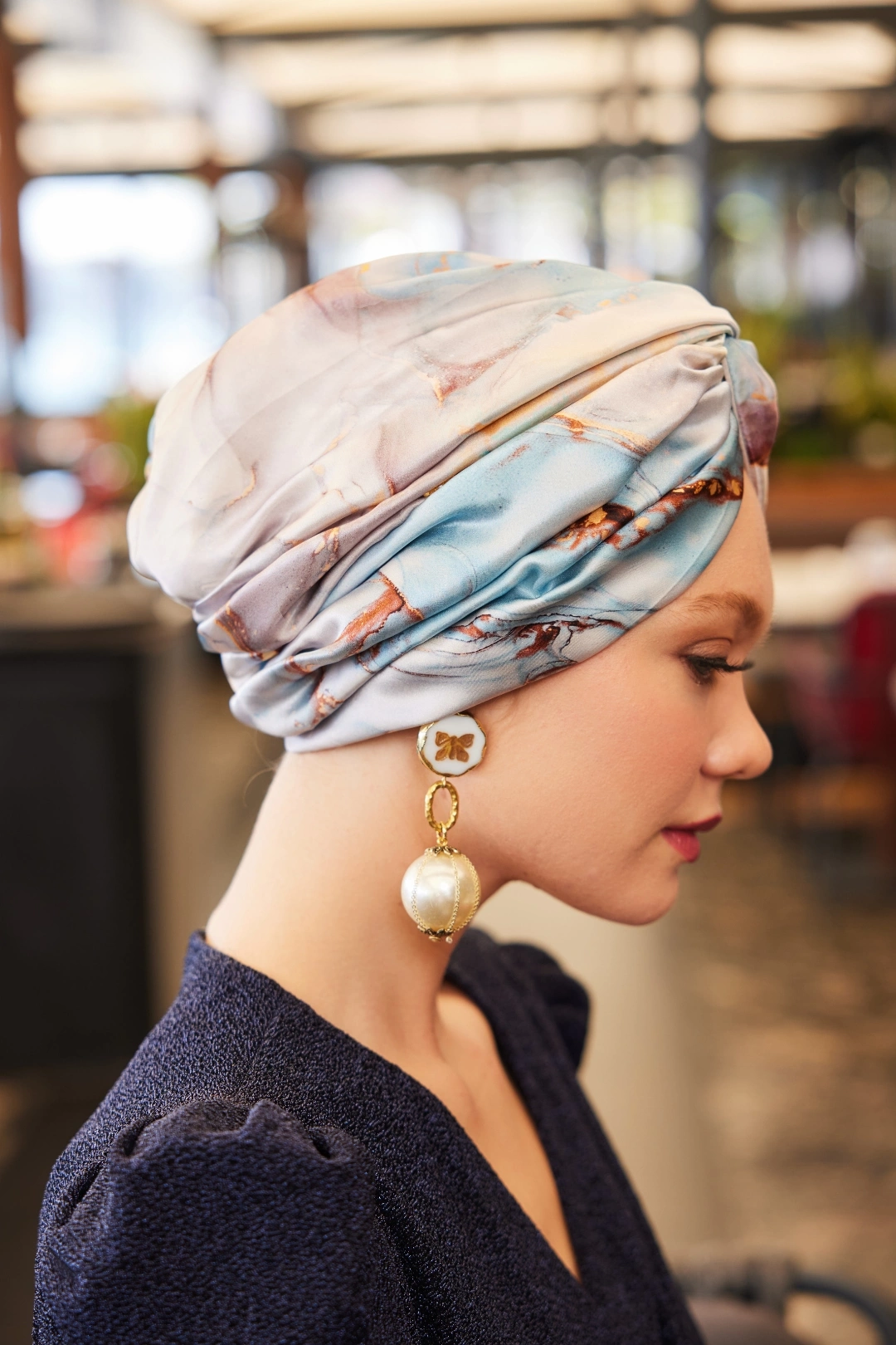 Sky Blue Marble Pattern Unfilled Silk Bonnet