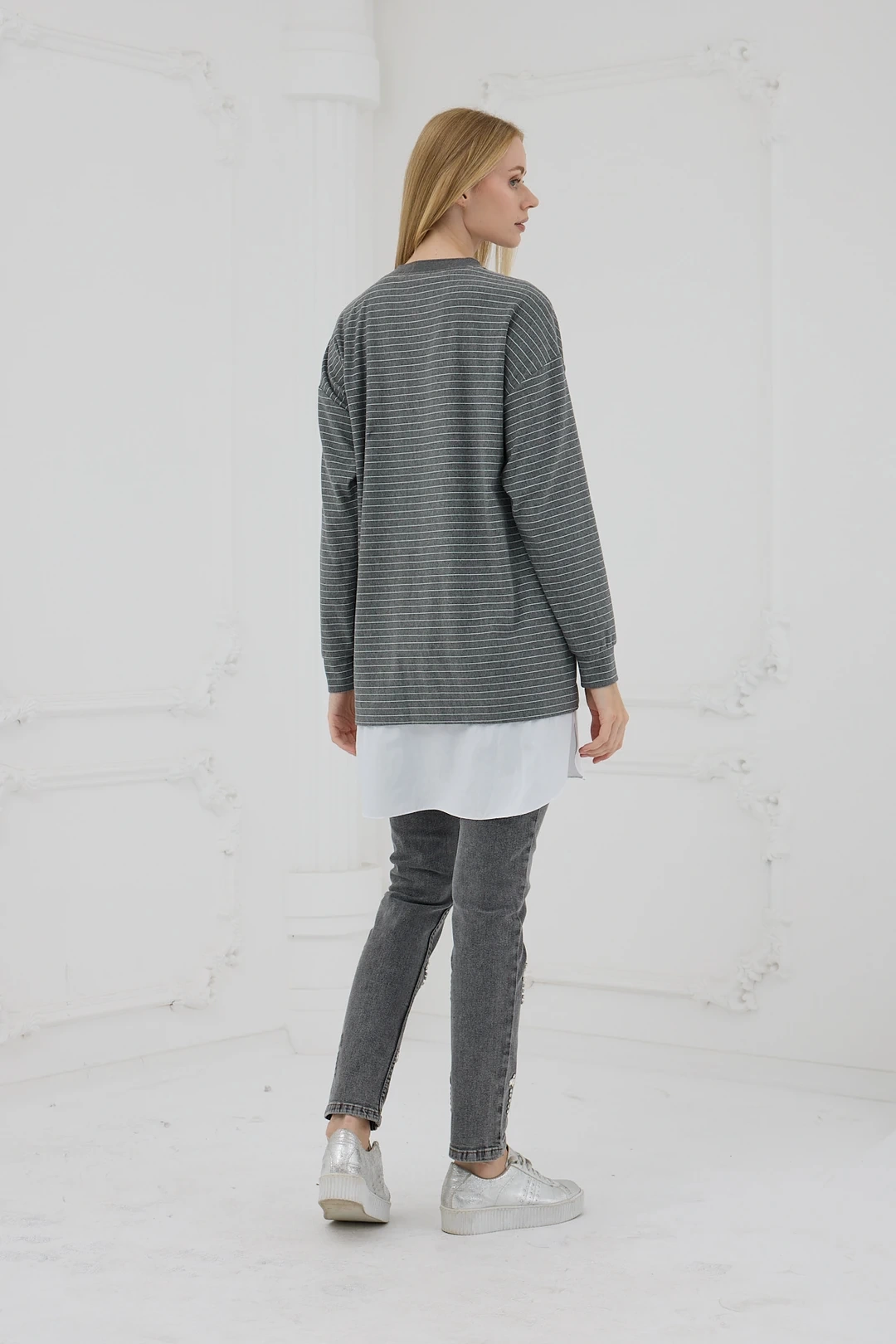 Gömlek Detaylı Çizgili Sweatshirt