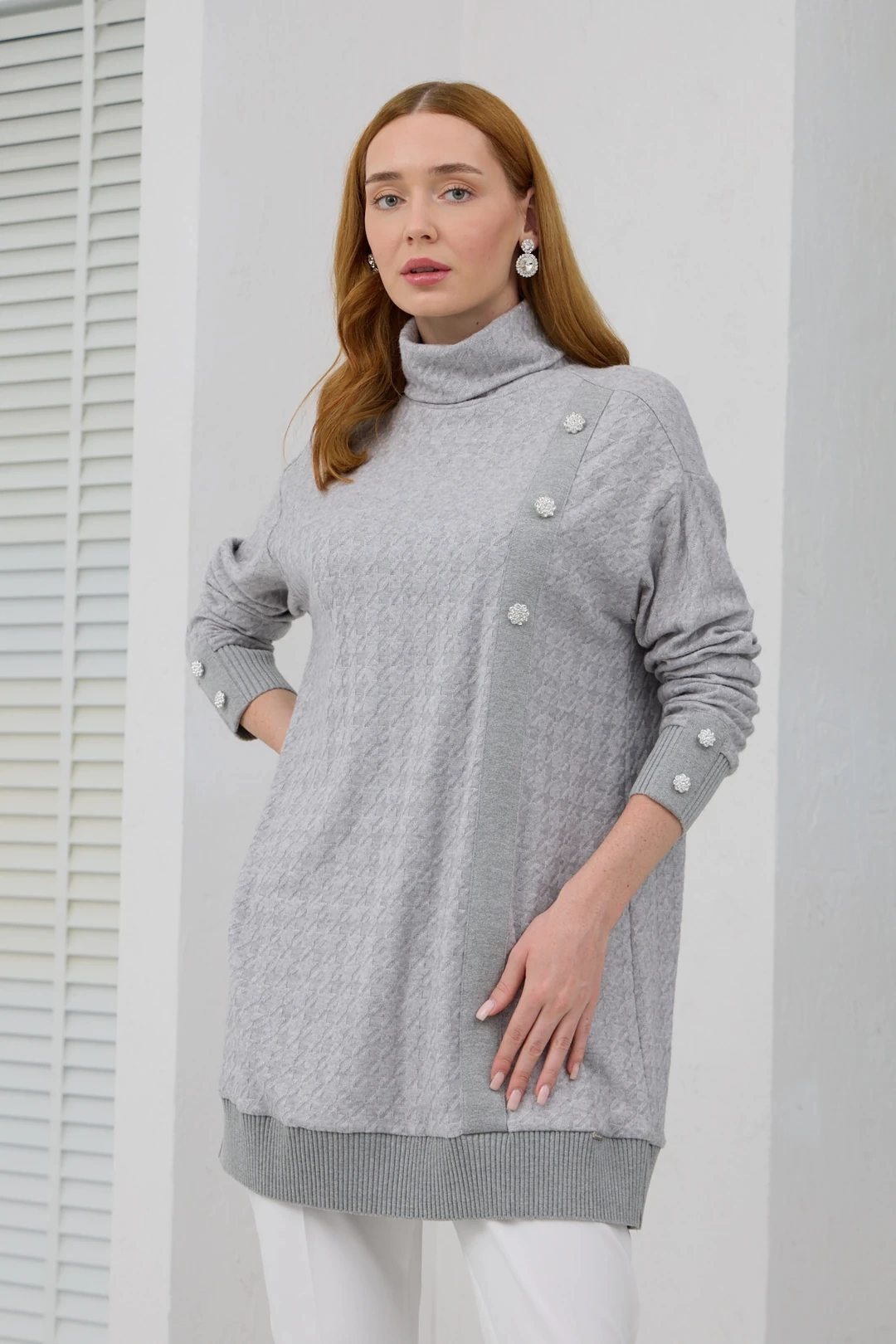 Kazayağı Taş Düğmeli Triko Tunik Gri