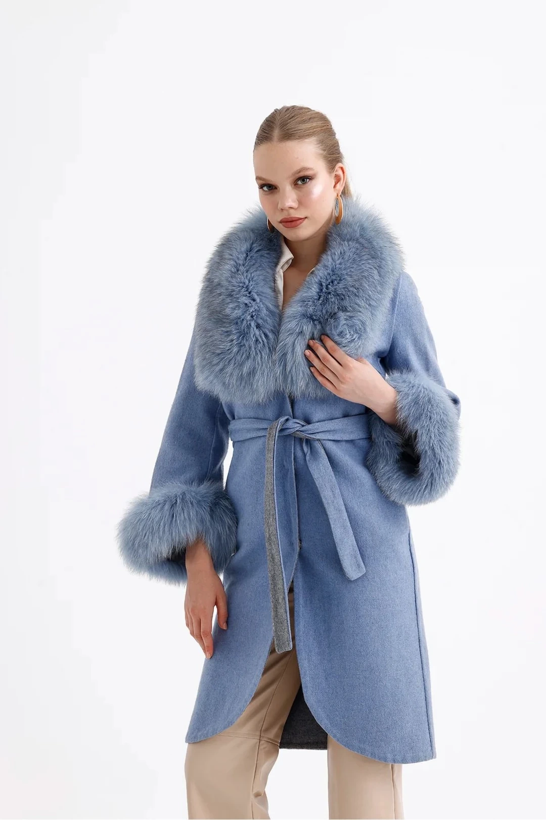 Kürk Detaylı Alpaca Kaban Mavi