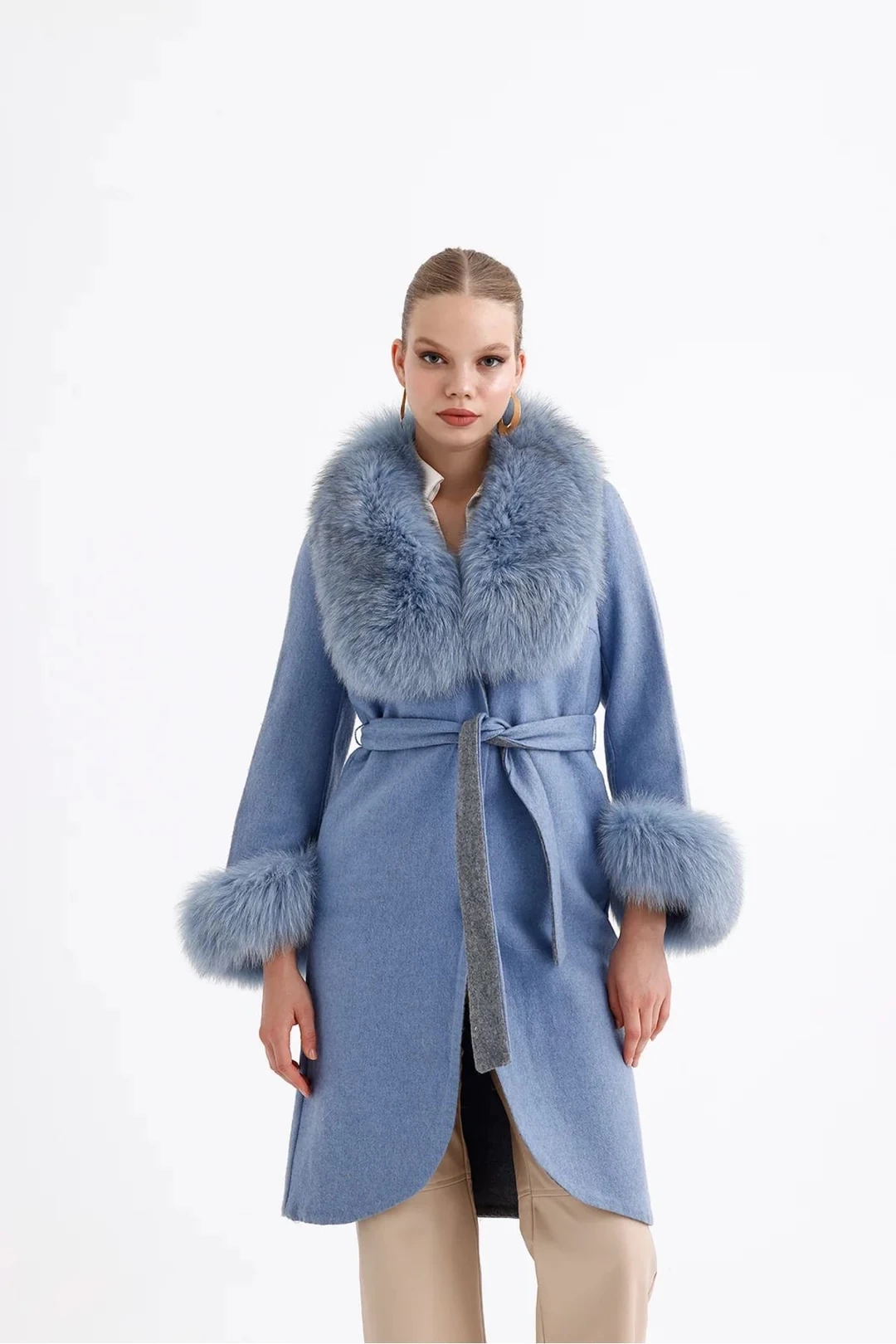 Kürk Detaylı Alpaca Kaban Mavi