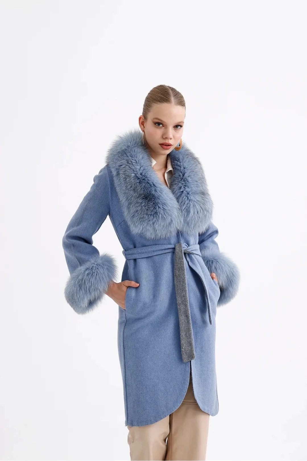 Kürk Detaylı Alpaca Kaban Mavi