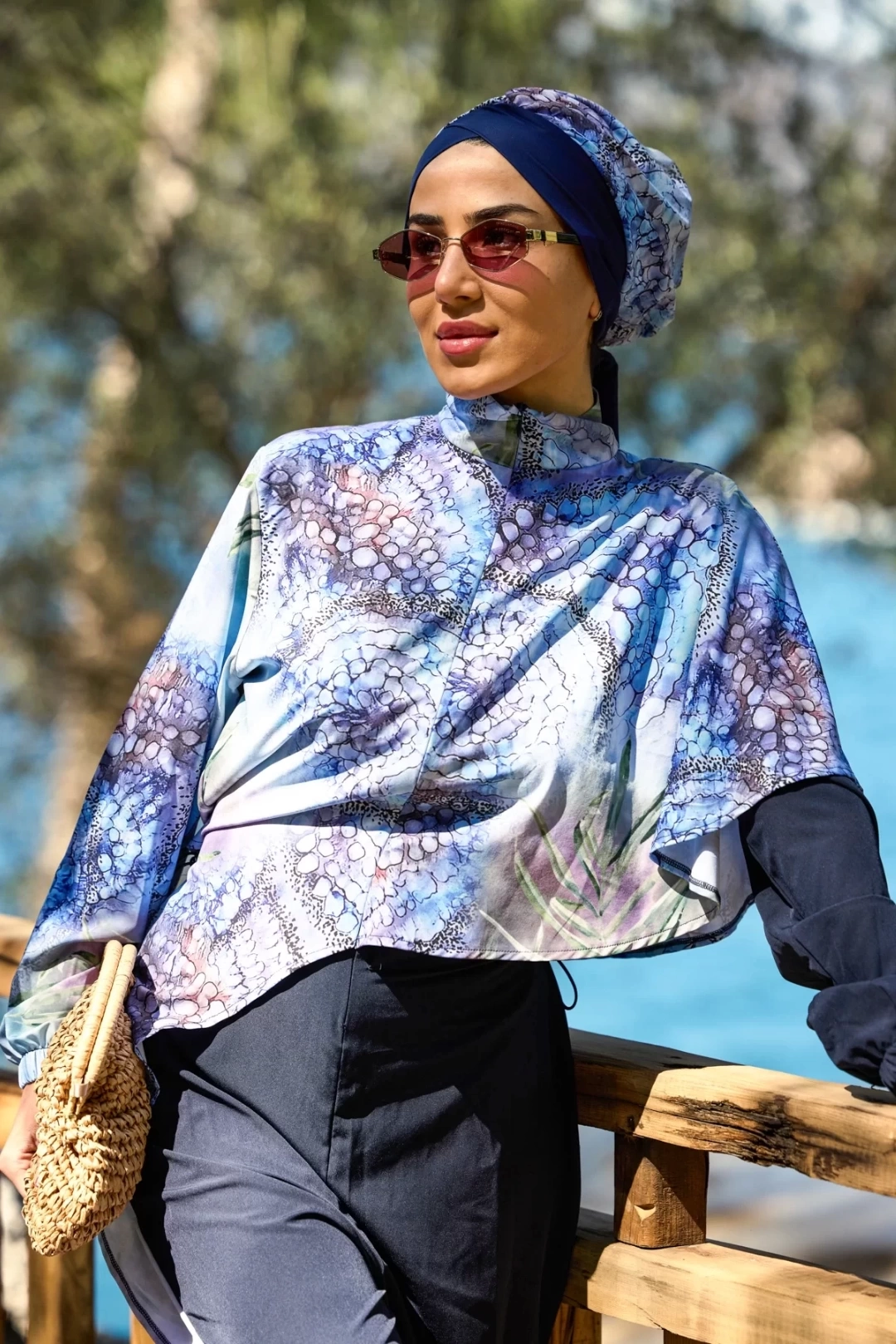 Pelerin Model Blue Garden Desen Tasarım Tesettür Tulum Mayo
