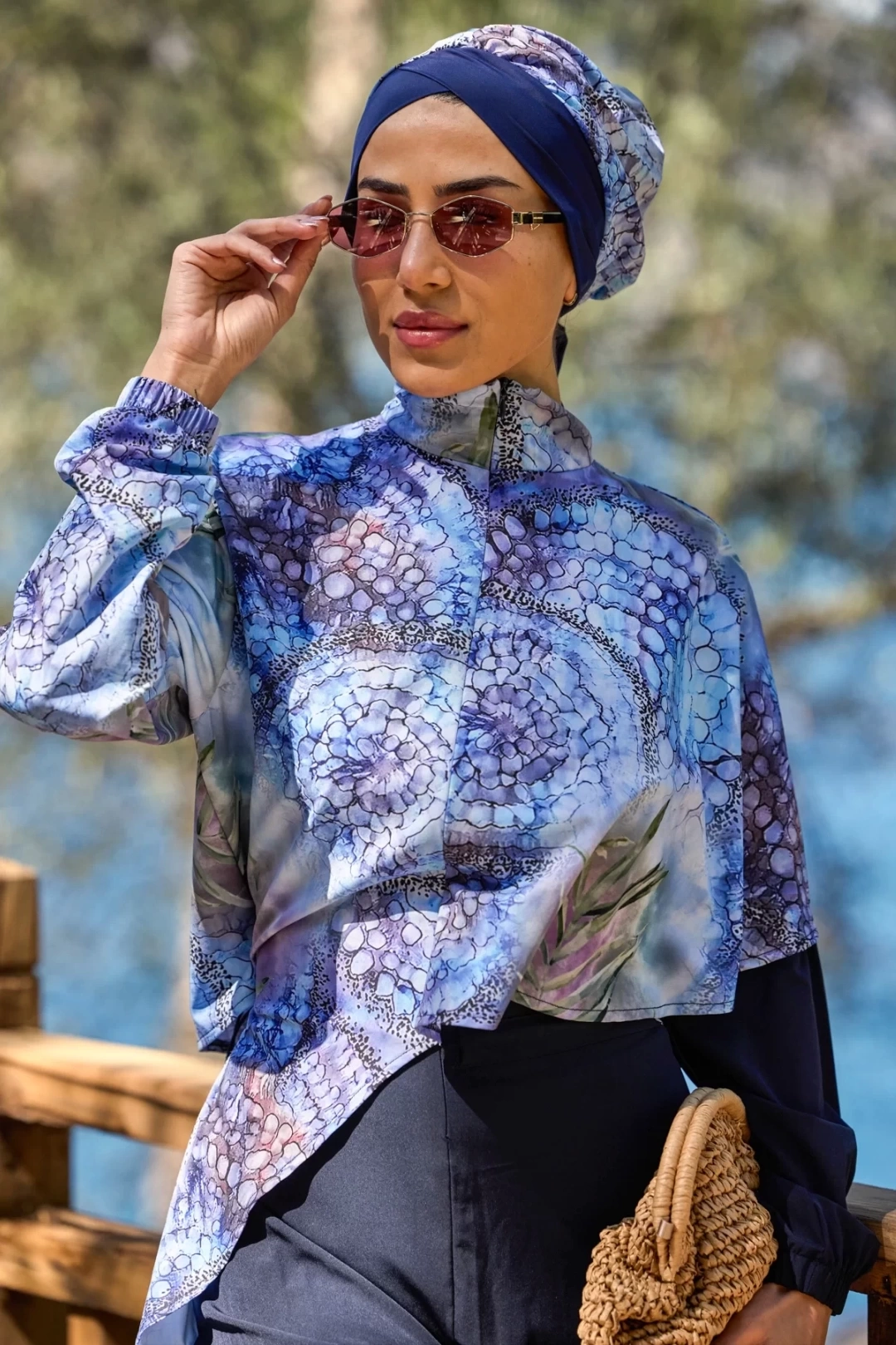 Pelerin Model Blue Garden Desen Tasarım Tesettür Tulum Mayo