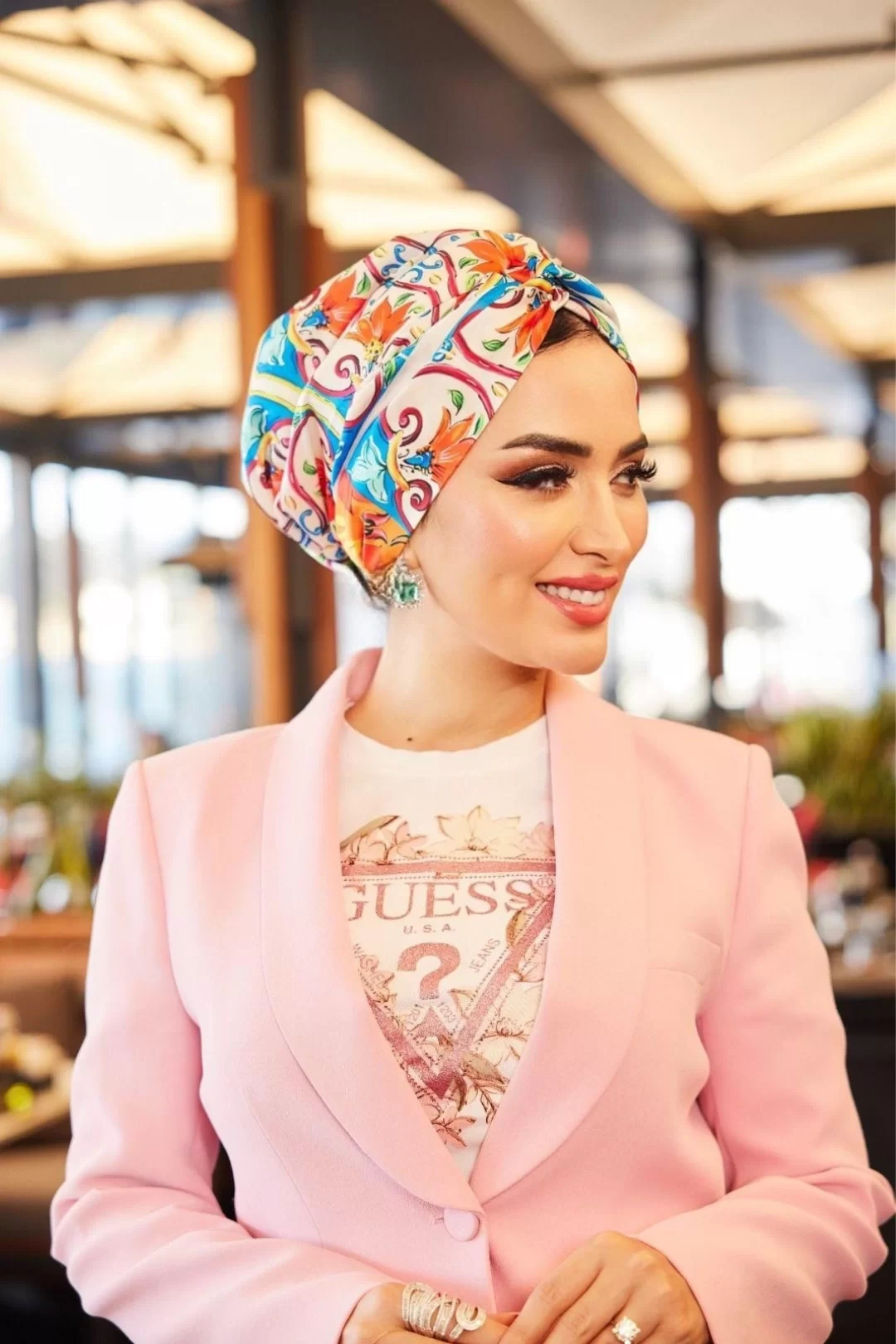 Turuncu Mavi İpek Dolgulu Bone