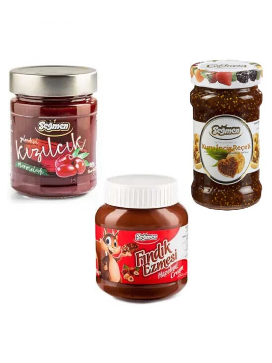 Seğmen Kızılcık Marmelatı, Kuru İncir Reçeli ve Kakaolu Fındık Ezmesi 3 Adet