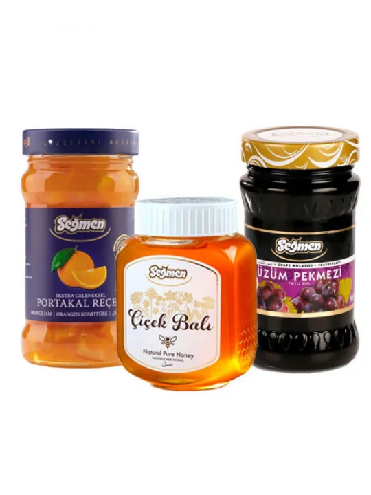 Seğmen Portakal Reçeli, Süzme Çiçek Balı ve Üzüm Pekmezi (3lü)