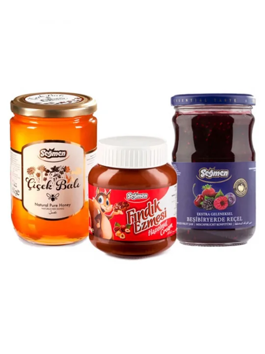 Seğmen Süzme Çiçek Balı, Beşibiryerde Karışık Meyve Reçeli ve Kakaolu Fındık Ezmesi (3lü)