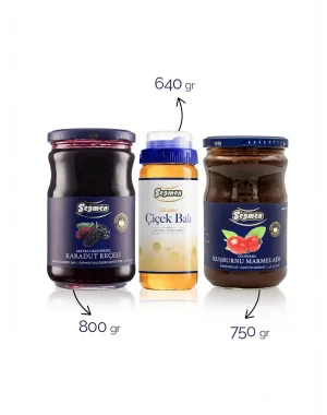 Seğmen Karadut Reçeli, Süzme Çiçek Balı ve Kuşburnu Marmelatı (3Adet)