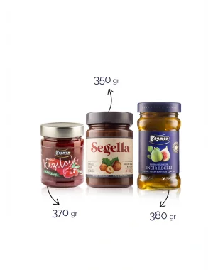 Seğmen Kızılcık Marmelatı 370gr, Taze İncir Reçeli 380gr ve Kakaolu Fındık Kreması 350gr (3 Adet)