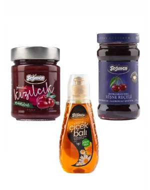 Seğmen Kızılcık Marmelatı, Süzme Çiçek Balı ve Vişne Reçeli (3lü)