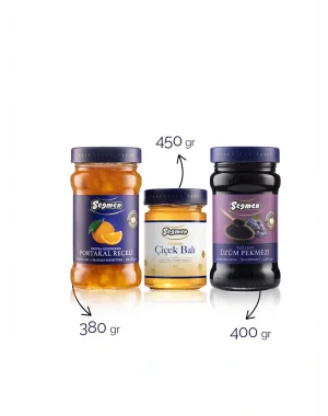 Seğmen Portakal Reçeli, Süzme Çiçek Balı ve Üzüm Pekmezi (3lü)