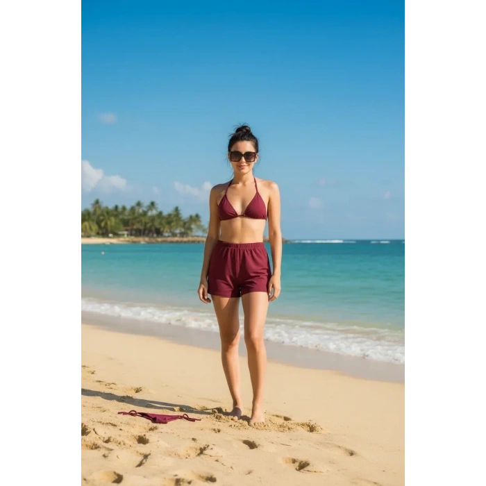 Bordo 3’lü Bikini Takımı Şortlu Yandan Bağlamalı Üçgen Üst Esnek Kadın Mayo