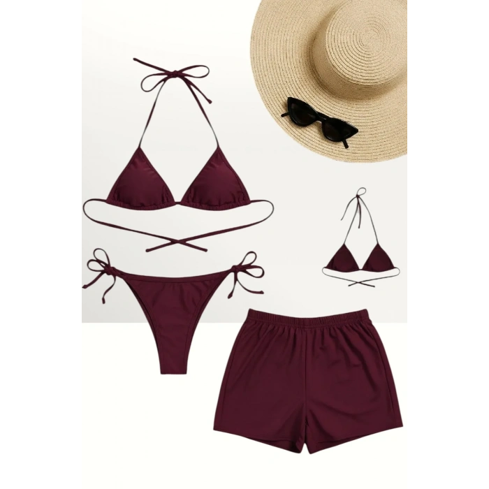 Bordo 3’lü Bikini Takımı Şortlu Yandan Bağlamalı Üçgen Üst Esnek Kadın Mayo