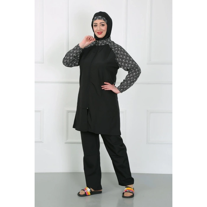 Büyük Beden Desenli Tesettür Mayo Siyah