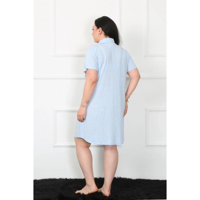 Büyük Beden Penye Düğmeli Mavi Tunik Gecelik