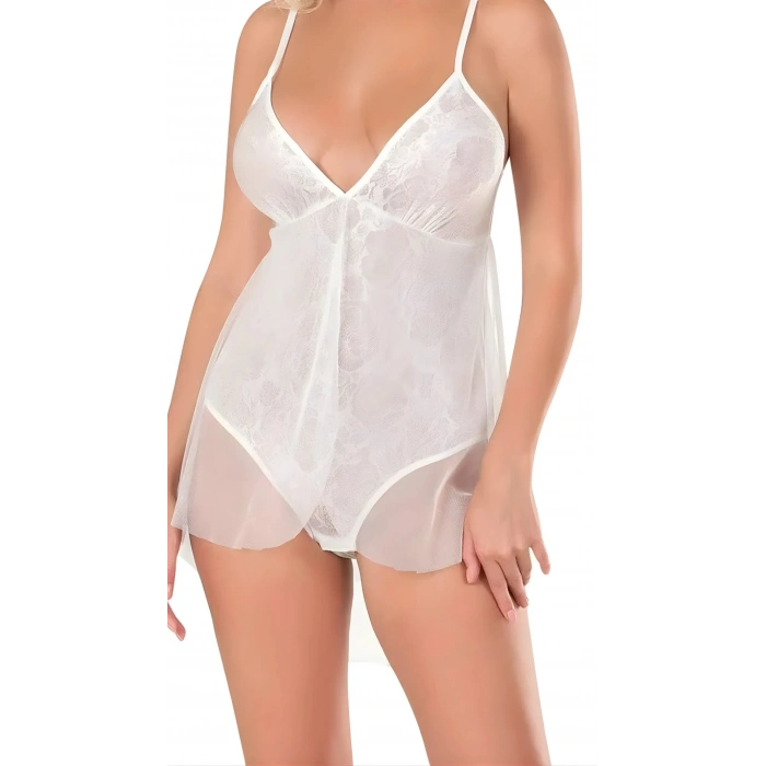 Ekru Jakarlı Bodysuit Gecelik Zarif Kadın Gece Elbisesi