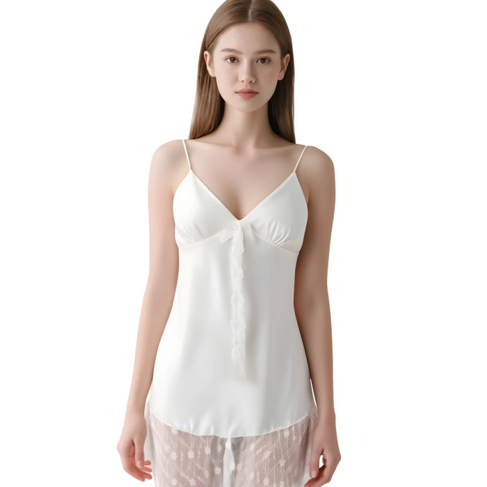 Ekru Saten Mini Gecelik Zarif Kadın Gece Elbisesi