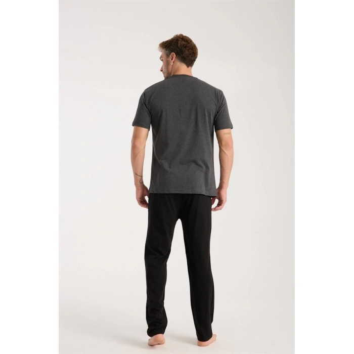 Erkek Antrasit Düğmeli Yaka Kısa Kol Pijama Takımı